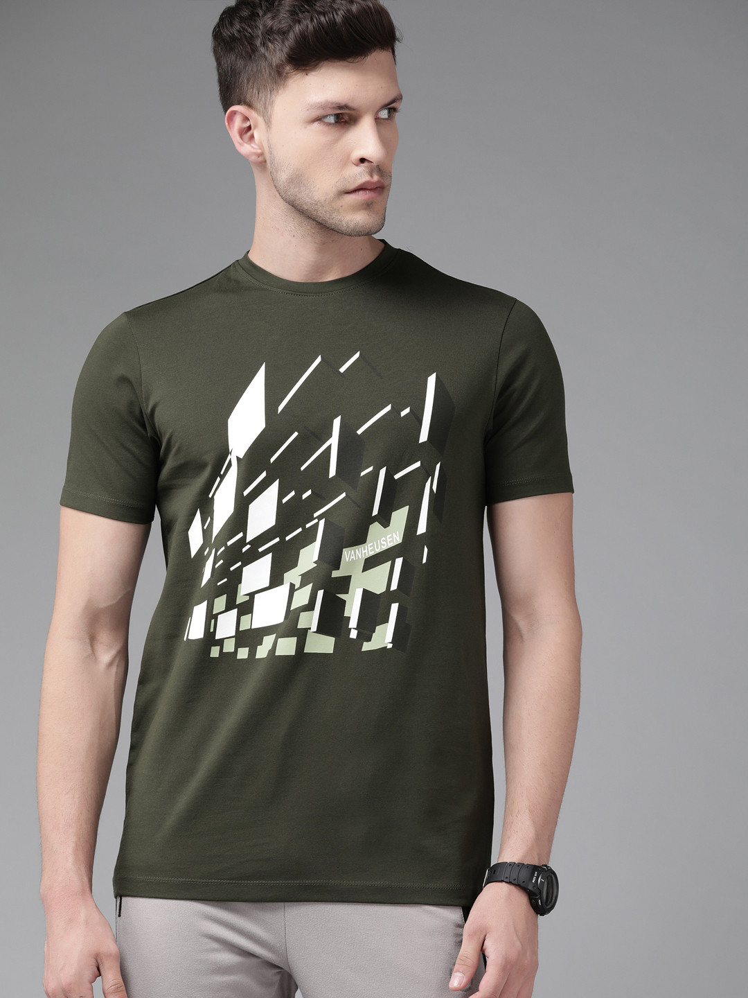 

Van Heusen Flex Men Olive Green & White Geometric Printed T-shirt