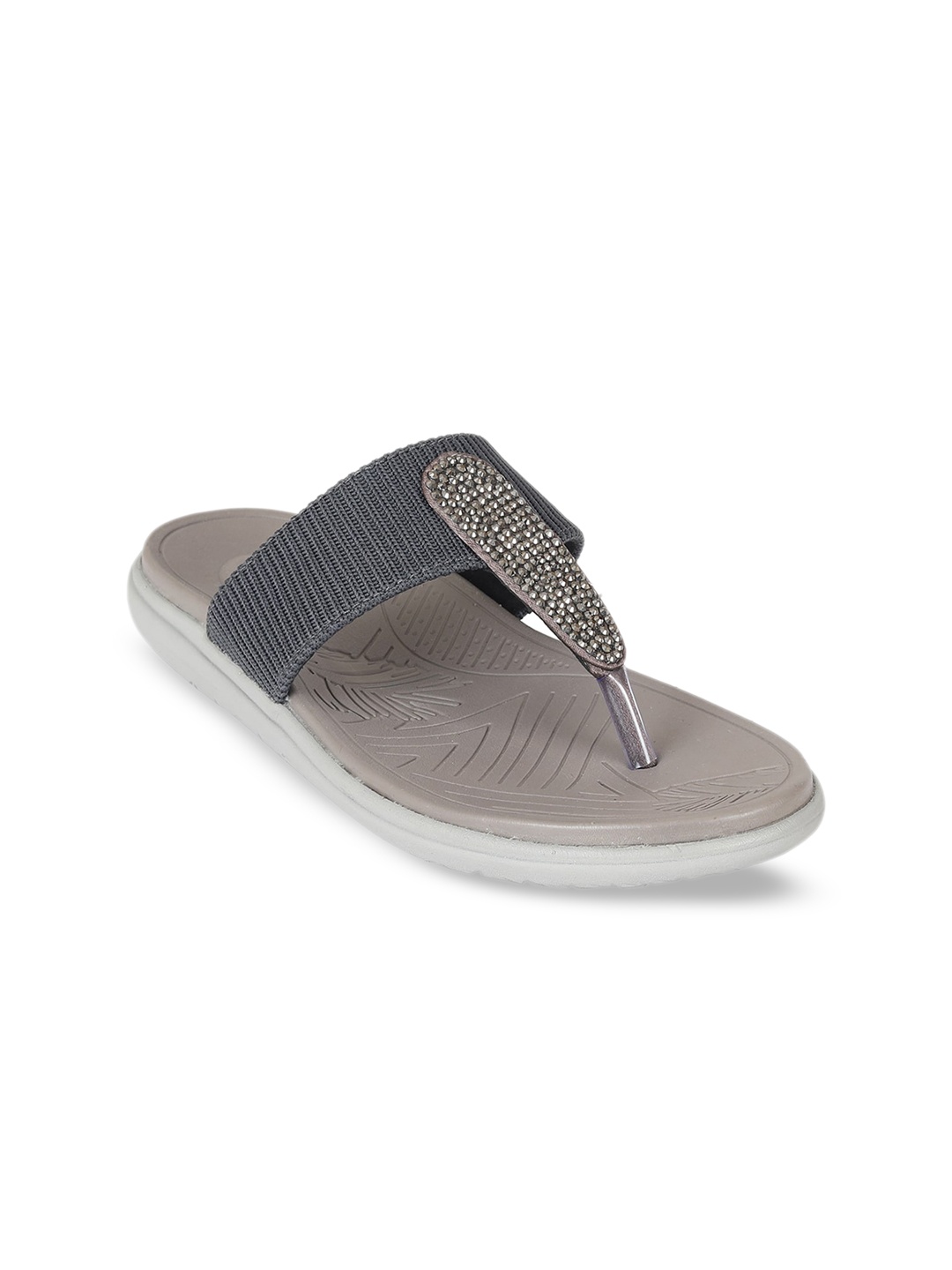 

Zyla Women Grey & Silver-Toned Embellished T-Strap Flats