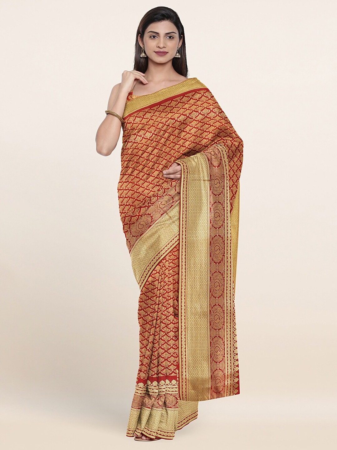 

Pothys Maroon & Gold-Toned Ethnic Motifs Zari Art Silk Saree