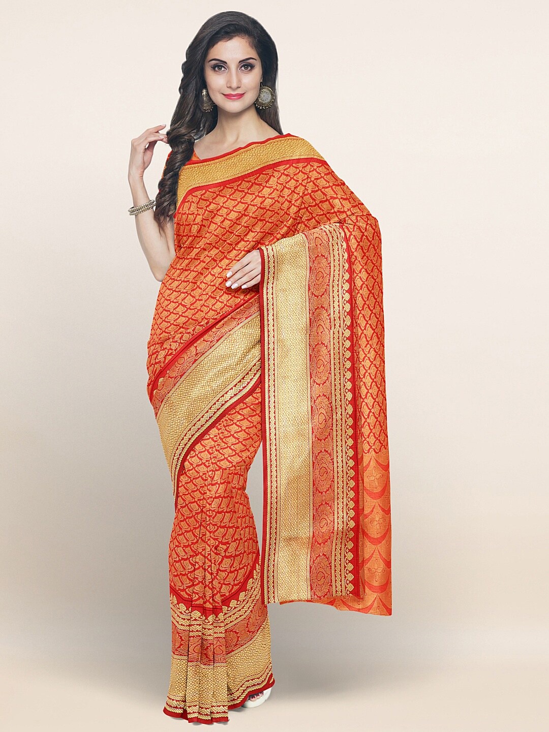 

Pothys Red & Gold-Toned Ethnic Motifs Zari Art Silk Saree