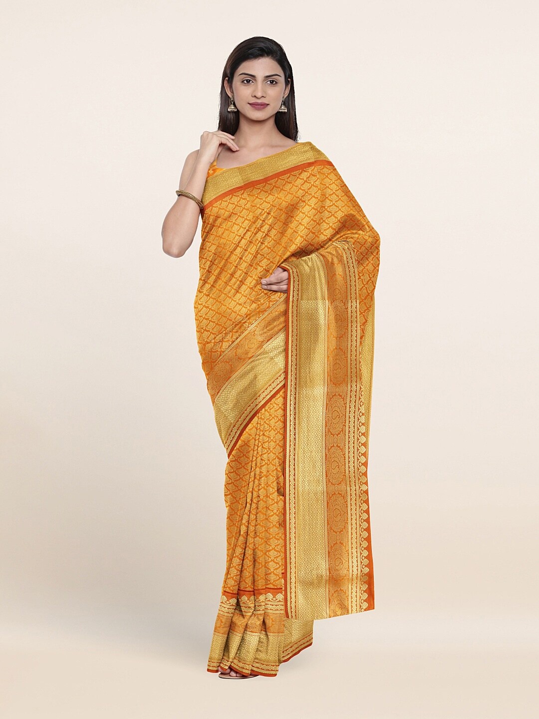 

Pothys Mustard & Gold-Toned Woven Design Zari Art Silk Saree