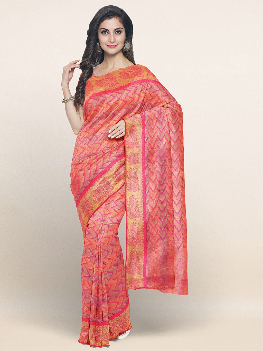 

Pothys Pink & Gold-Toned Ethnic Motifs Zari Art Silk Saree
