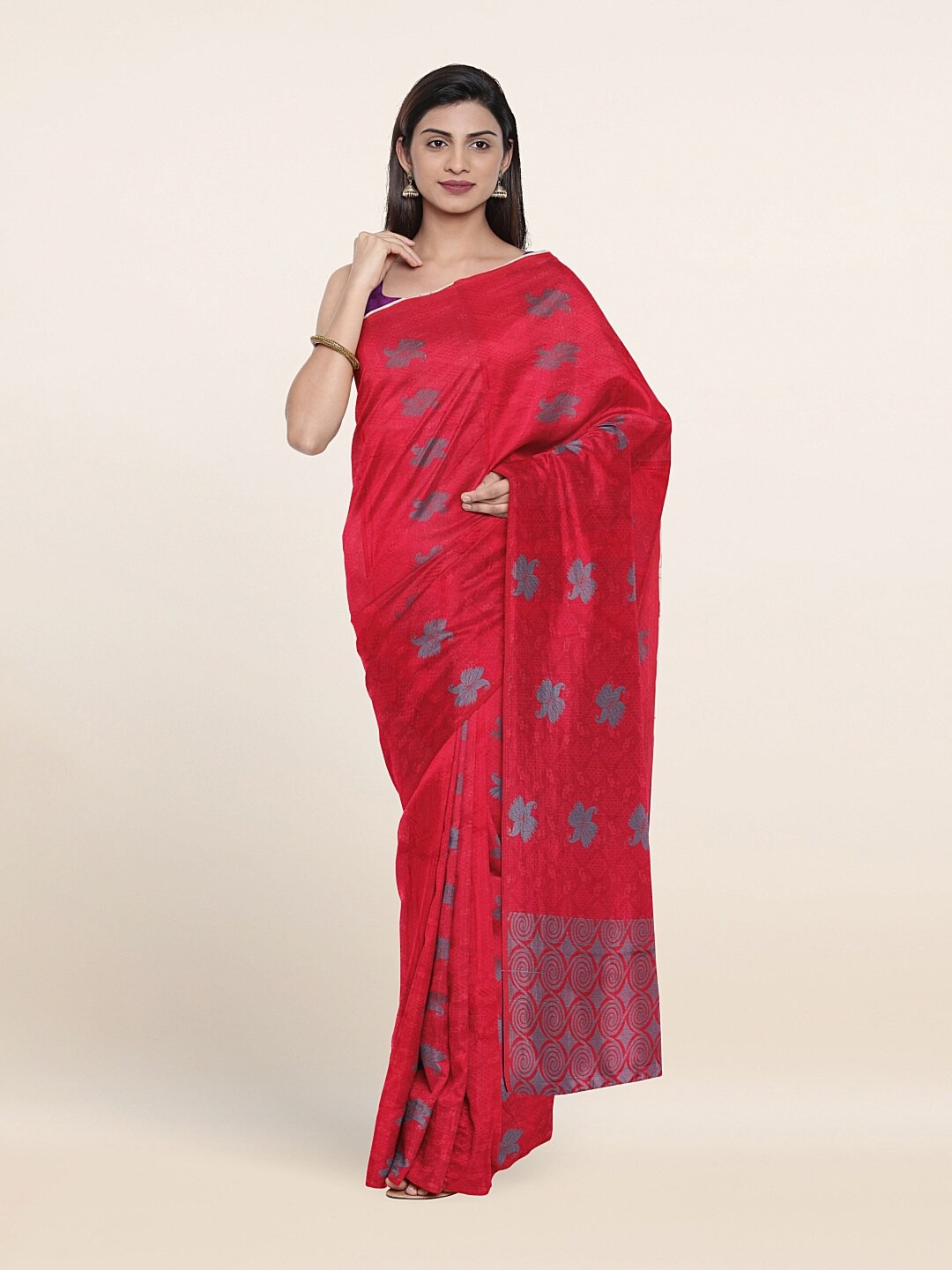 

Pothys Pink & Grey Ethnic Motifs Art Silk Saree