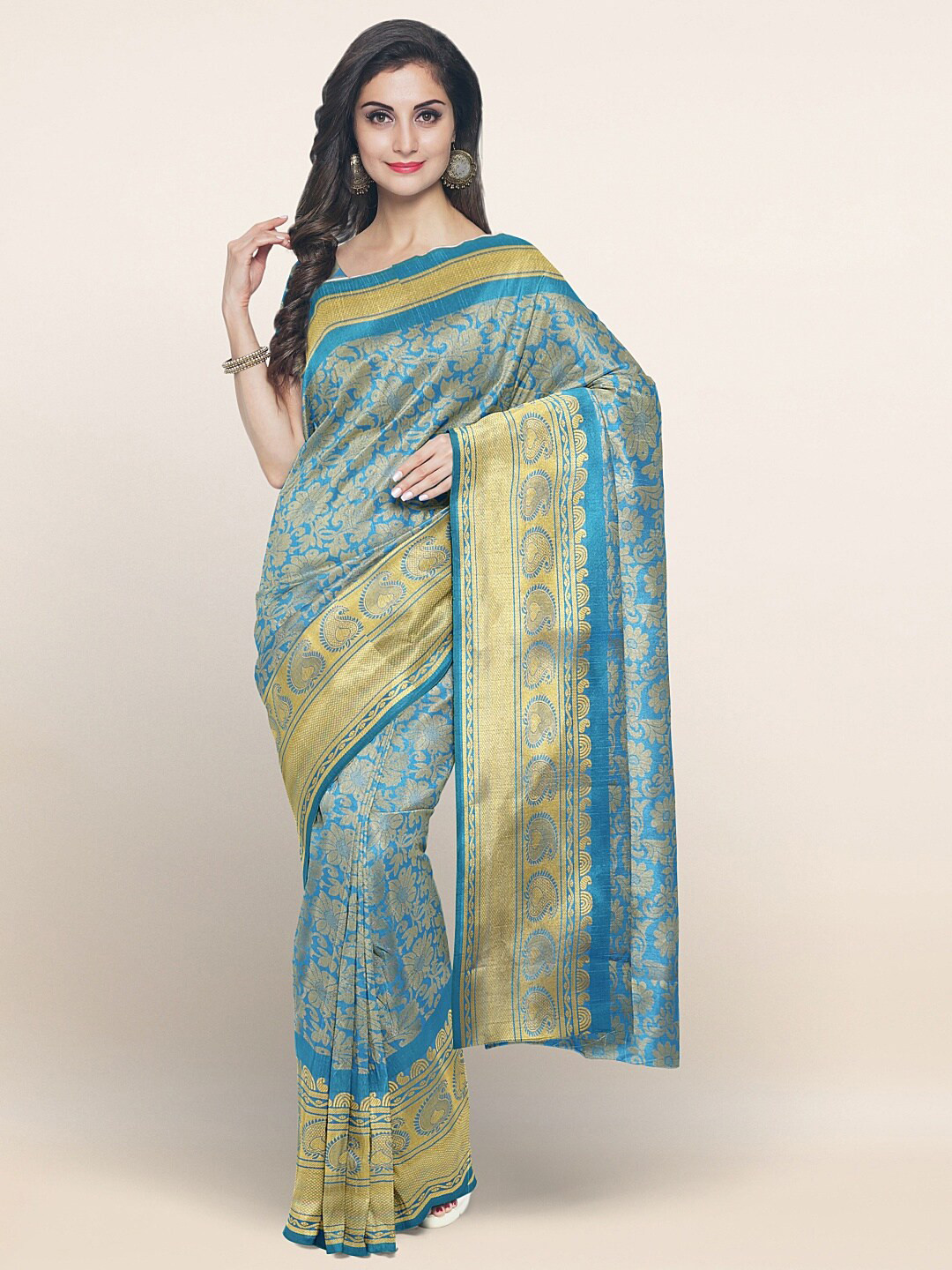 

Pothys Blue & Gold-Toned Floral Zari Art Silk Saree