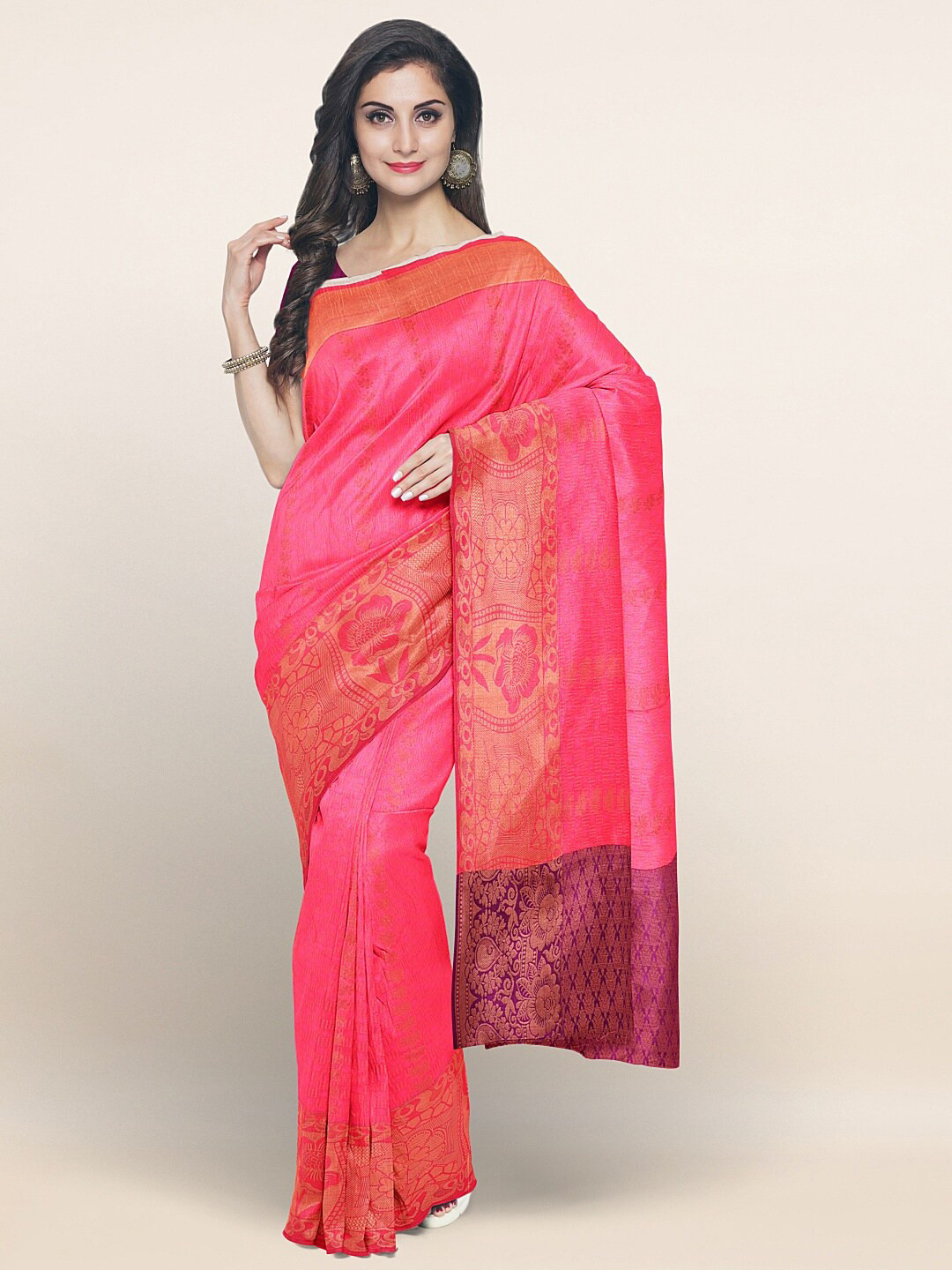 

Pothys Pink & Gold-Toned Ethnic Motifs Zari Art Silk Saree