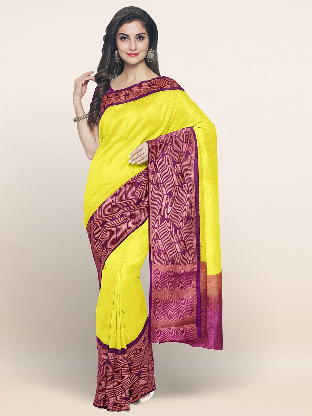 

Pothys Yellow & Purple Solid Zari Art Silk Saree