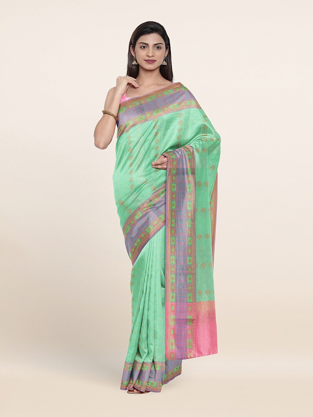

Pothys Green & Pink Ethnic Motifs Zari Art Silk Saree