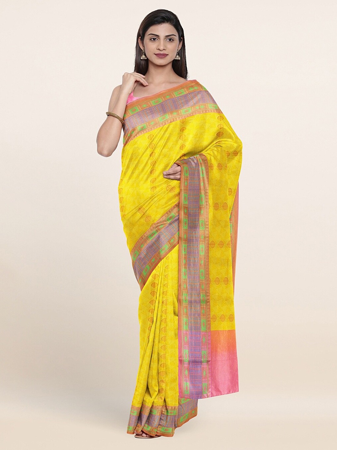

Pothys Yellow & Pink Ethnic Motifs Zari Art Silk Saree