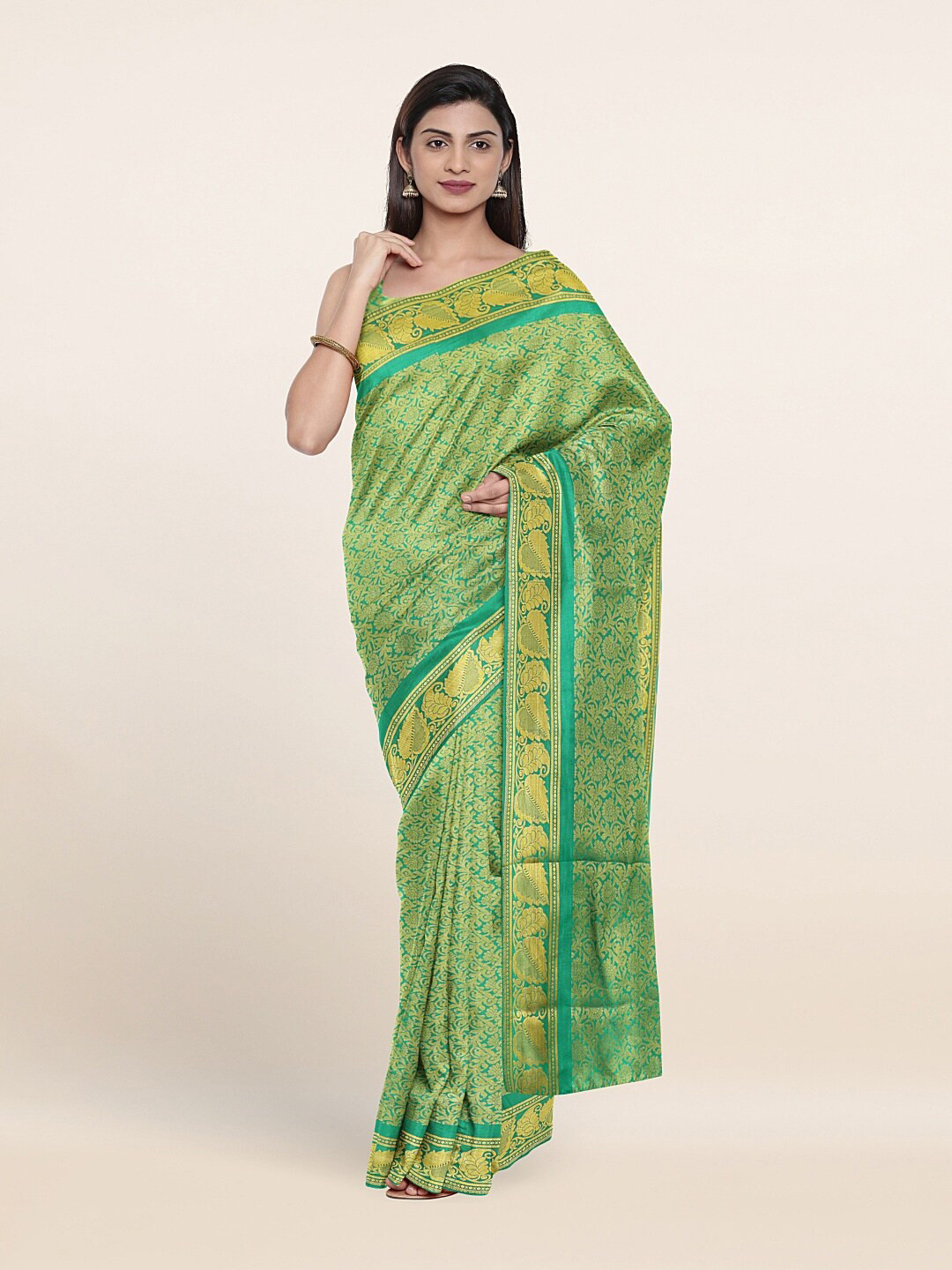 

Pothys Green & Gold-Toned Ethnic Motifs Zari Art Silk Saree