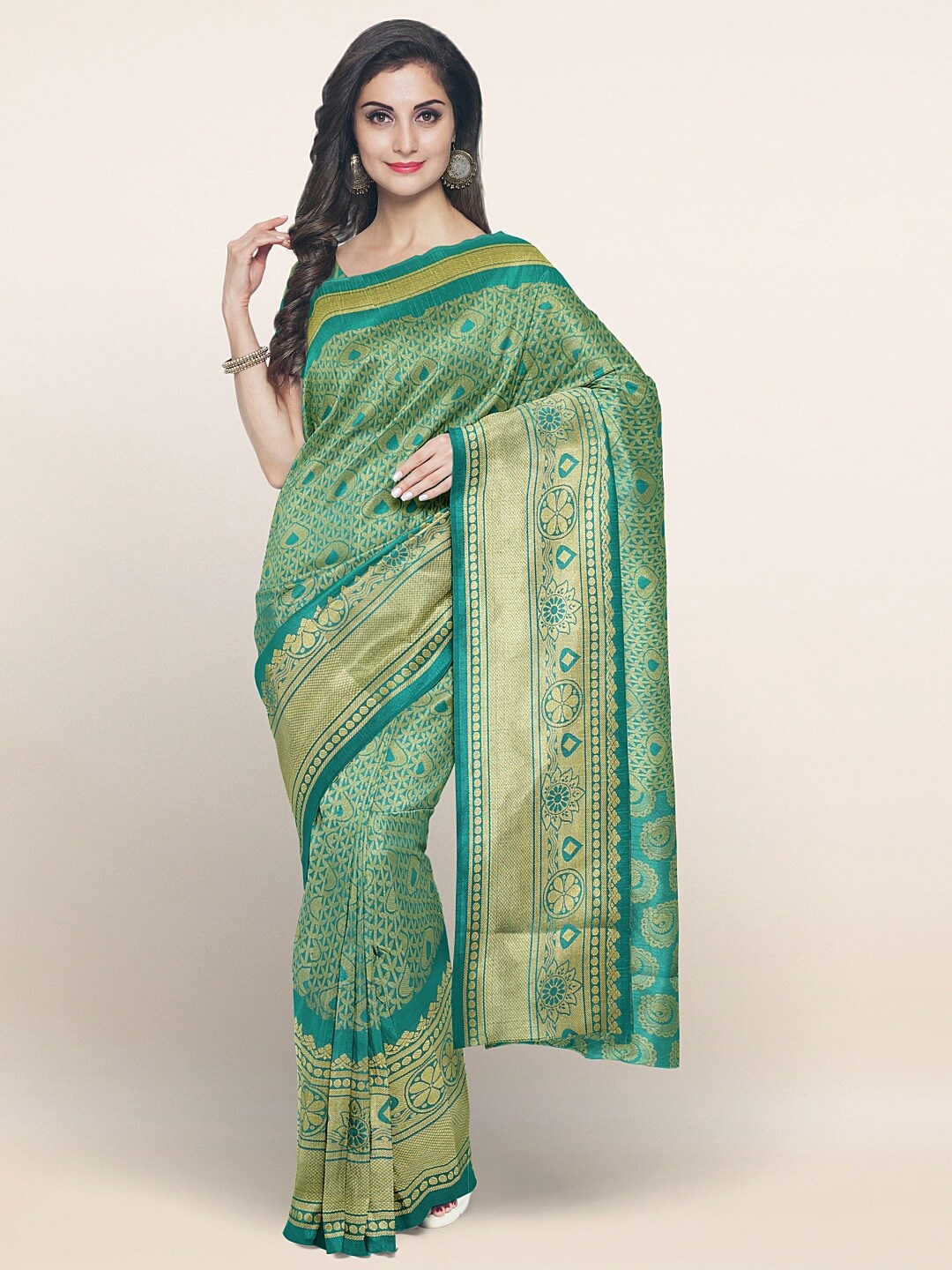 

Pothys Green & Gold-Toned Ethnic Motifs Zari Art Silk Saree