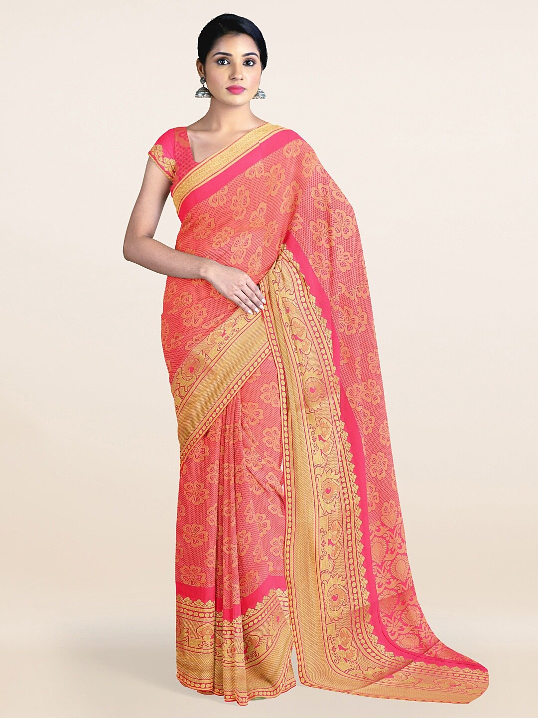 

Pothys Pink & Gold-Toned Ethnic Motifs Zari Art Silk Saree