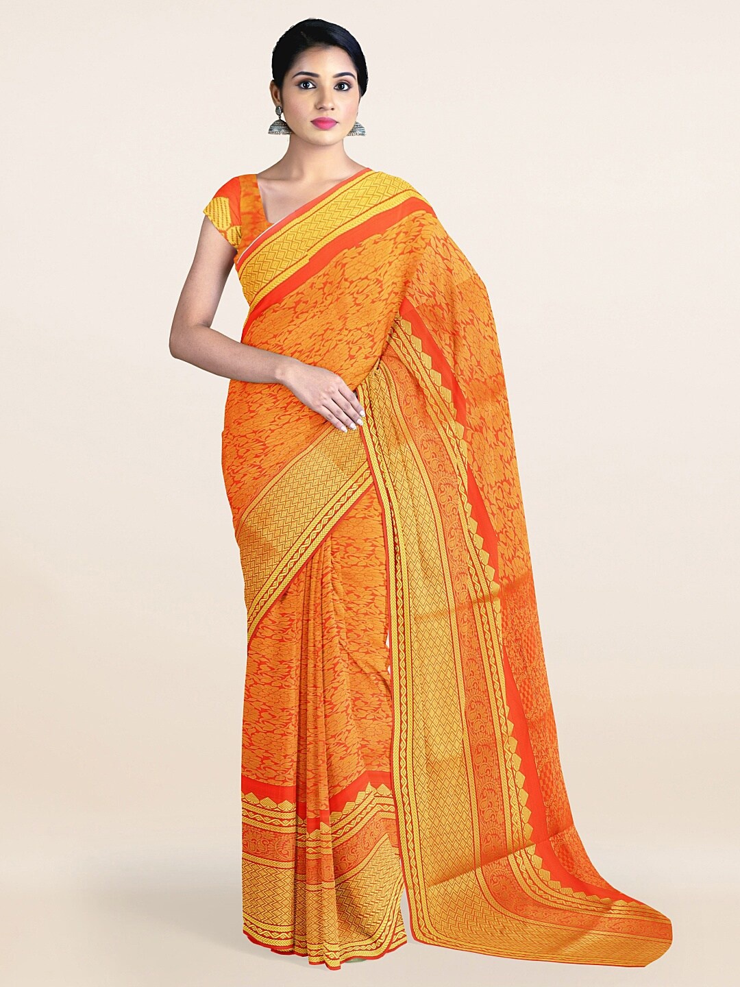 

Pothys Orange & Gold-Toned Ethnic Motifs Zari Art Silk Saree