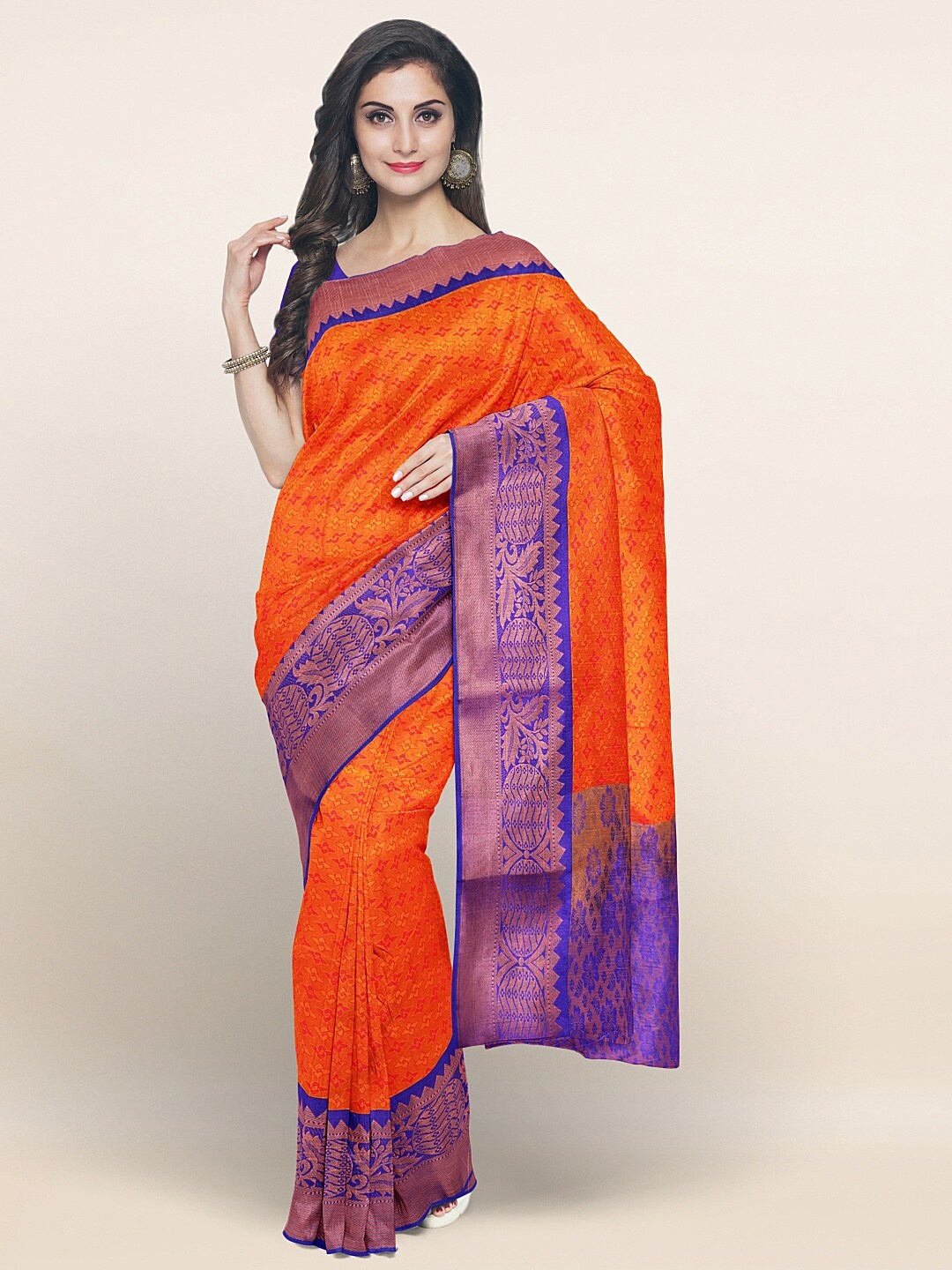 

Pothys Orange & Violet Ethnic Motifs Art Silk Saree