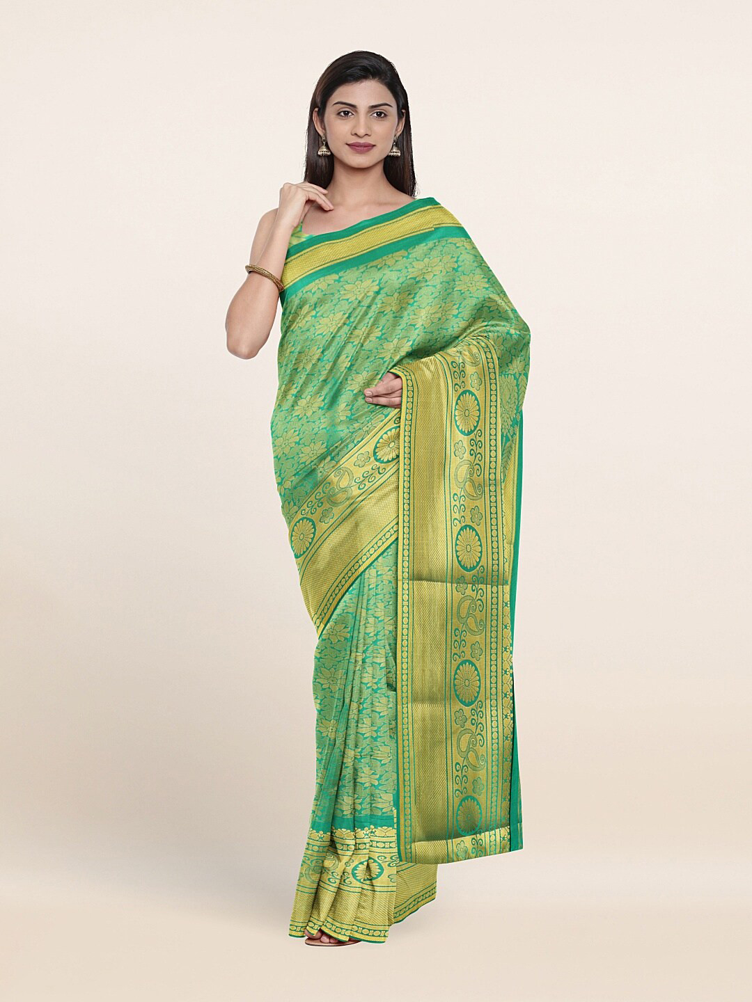 

Pothys Green & Gold-Toned Ethnic Motifs Zari Art Silk Saree