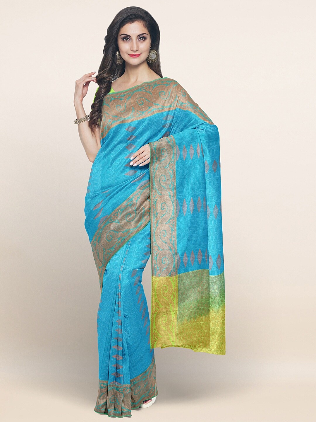 

Pothys Blue & Lime Green Ethnic Motifs Zari Art Silk Saree