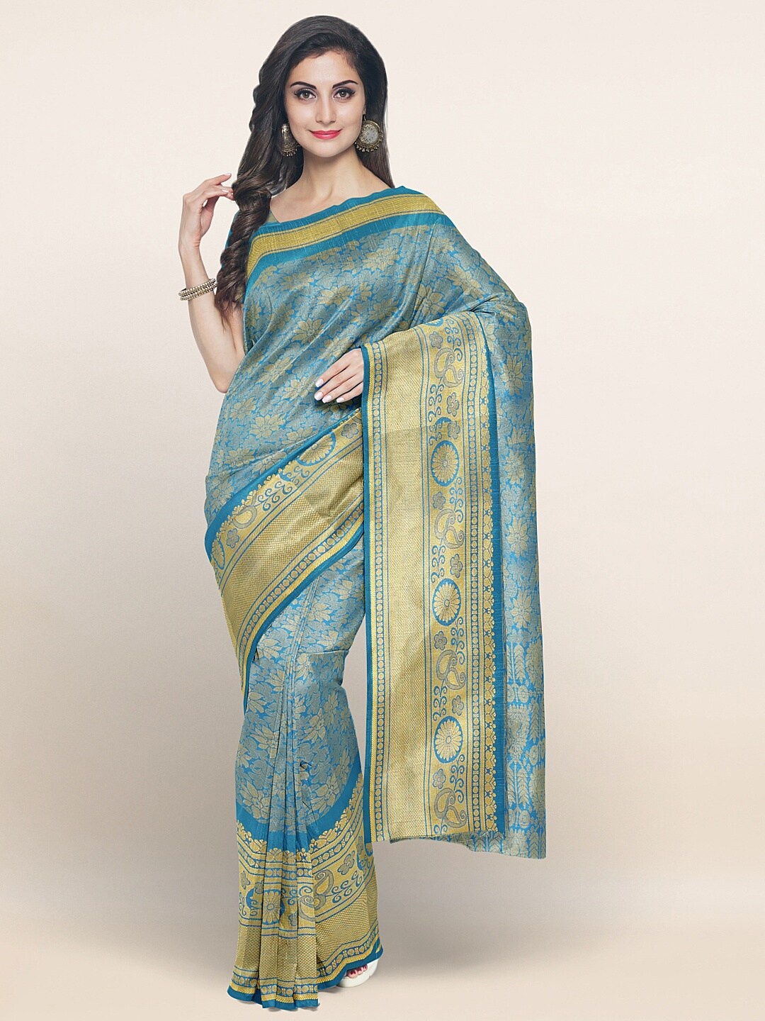 

Pothys Blue & Gold-Toned Ethnic Motifs Zari Art Silk Saree