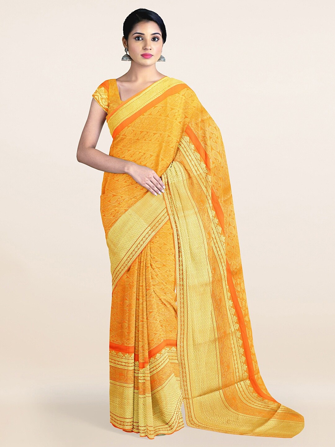 

Pothys Orange & Gold-Toned Woven Design Zari Art Silk Saree