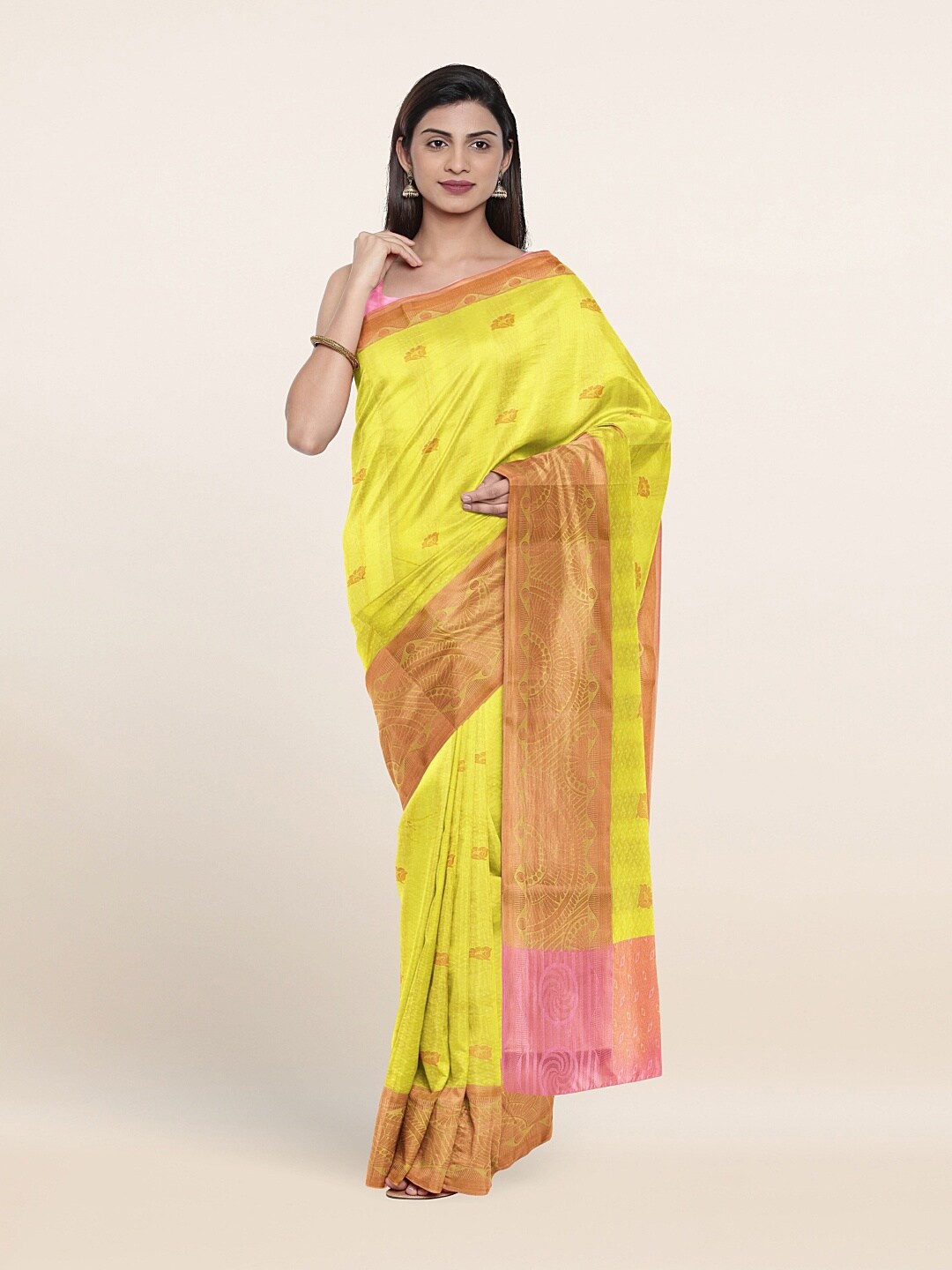 

Pothys Yellow & Gold-Toned Floral Art Silk Saree