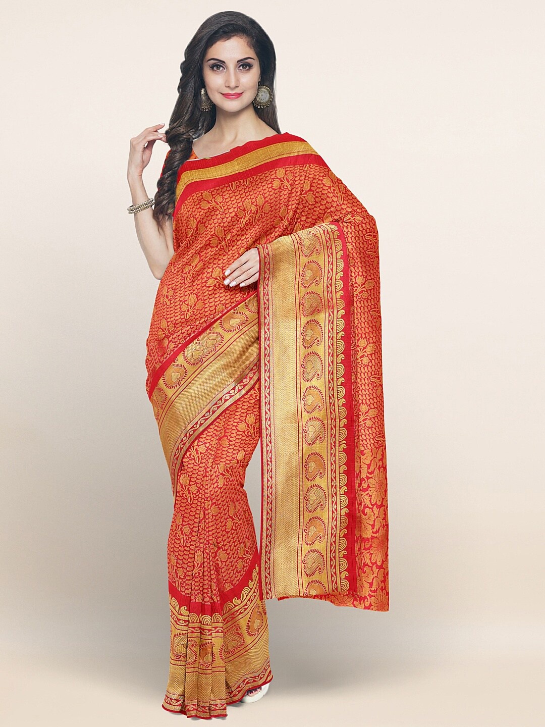 

Pothys Red & Gold-Toned Woven Design Art Silk Saree