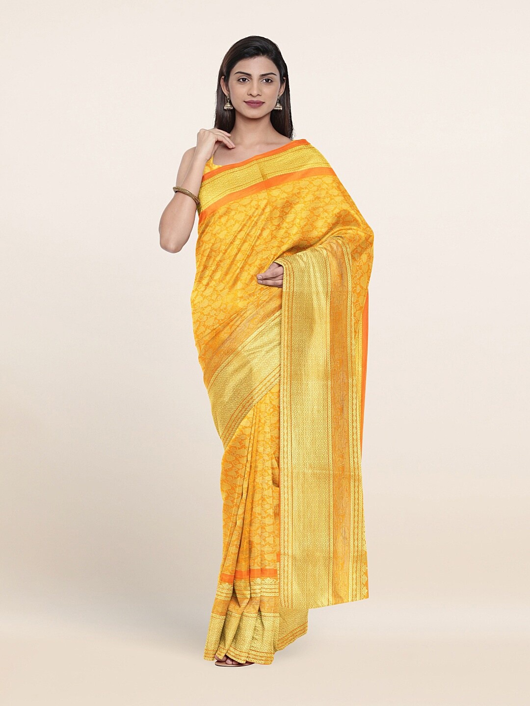 

Pothys Orange & Gold-Toned Woven Design Art Silk Saree