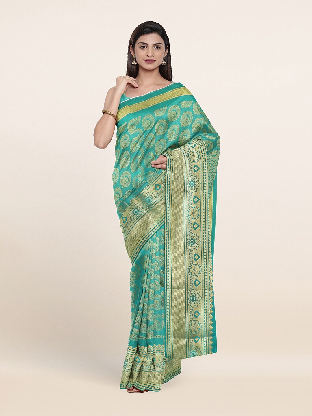 

Pothys Green & Gold-Toned Woven Design Art Silk Saree