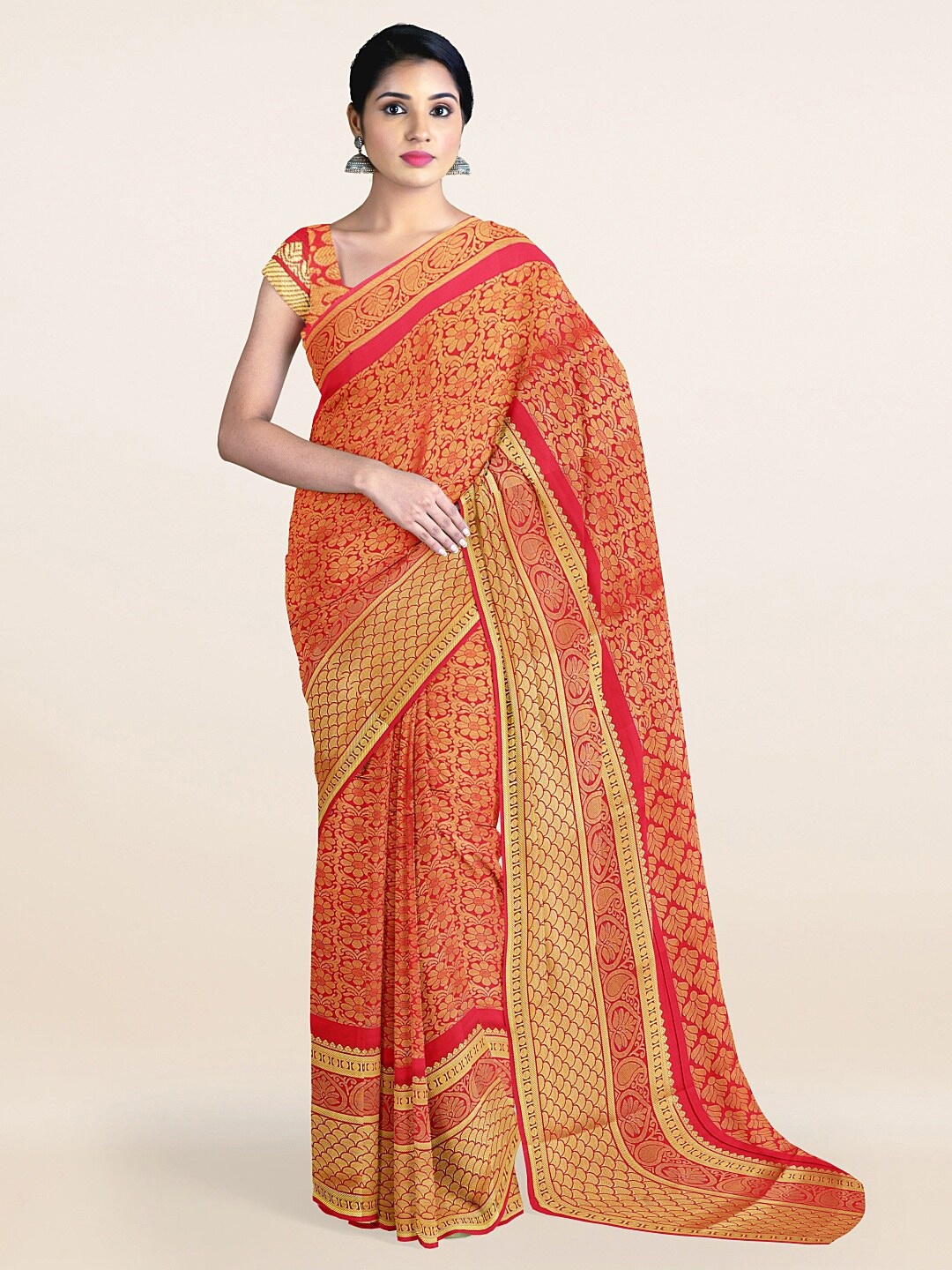 

Pothys Red & Gold-Toned Woven Design Art Silk Saree