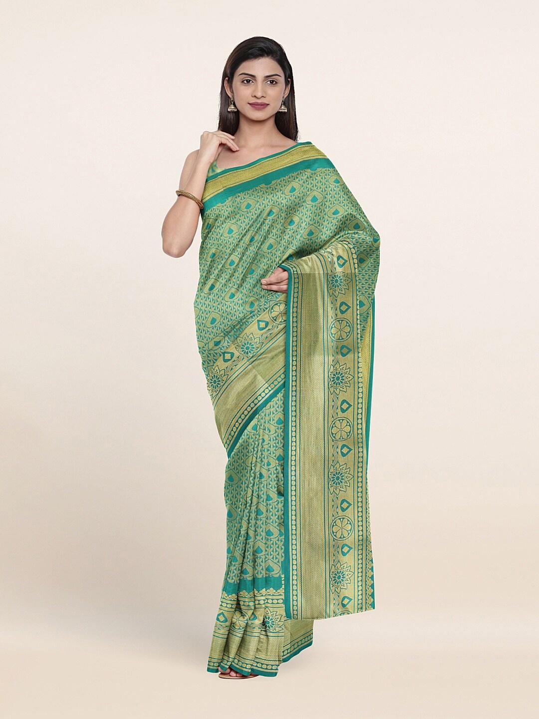 

Pothys Green & Gold-Toned Woven Design Art Silk Saree