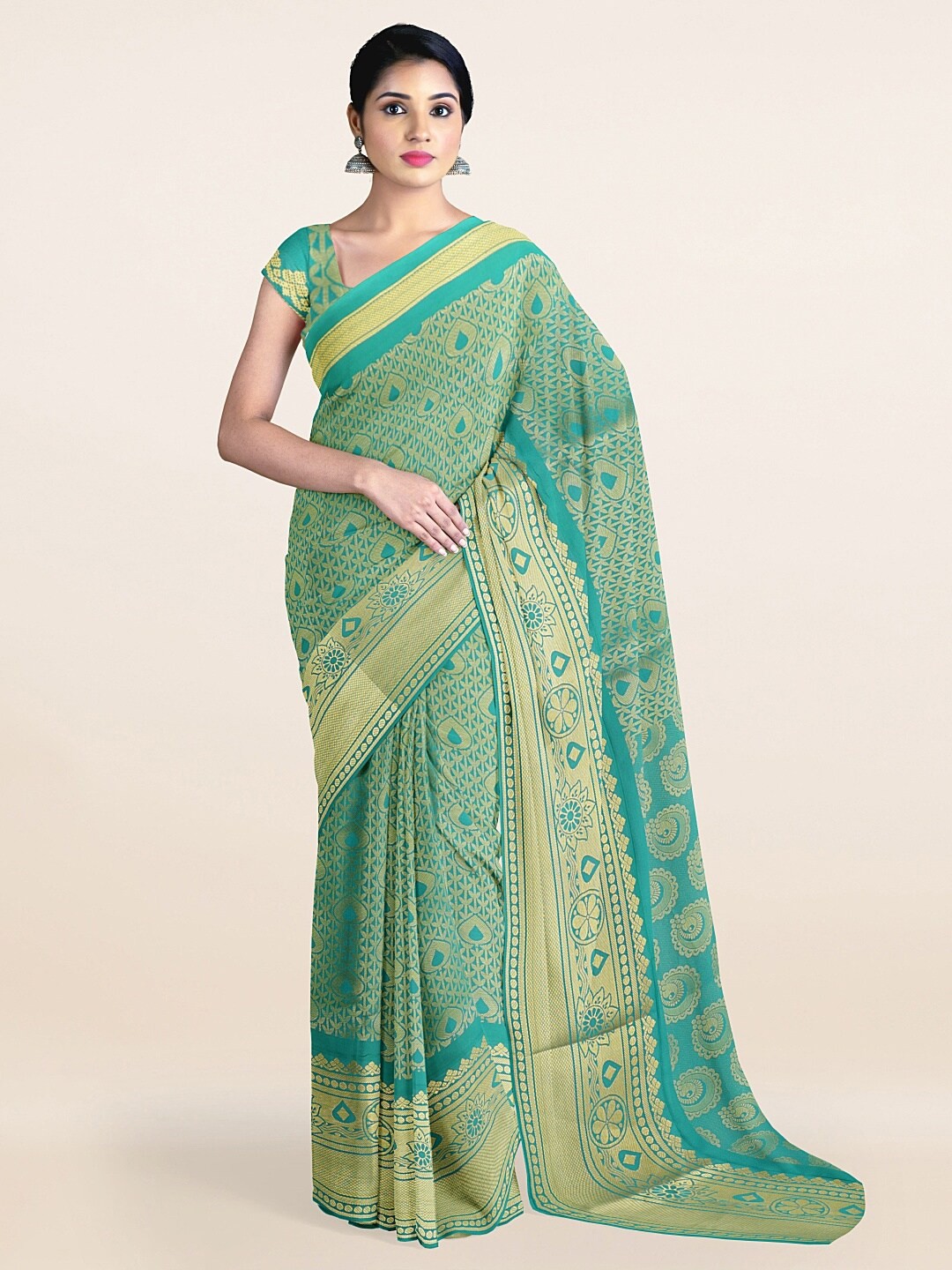 

Pothys Green & Gold-Toned Woven Design Art Silk Saree