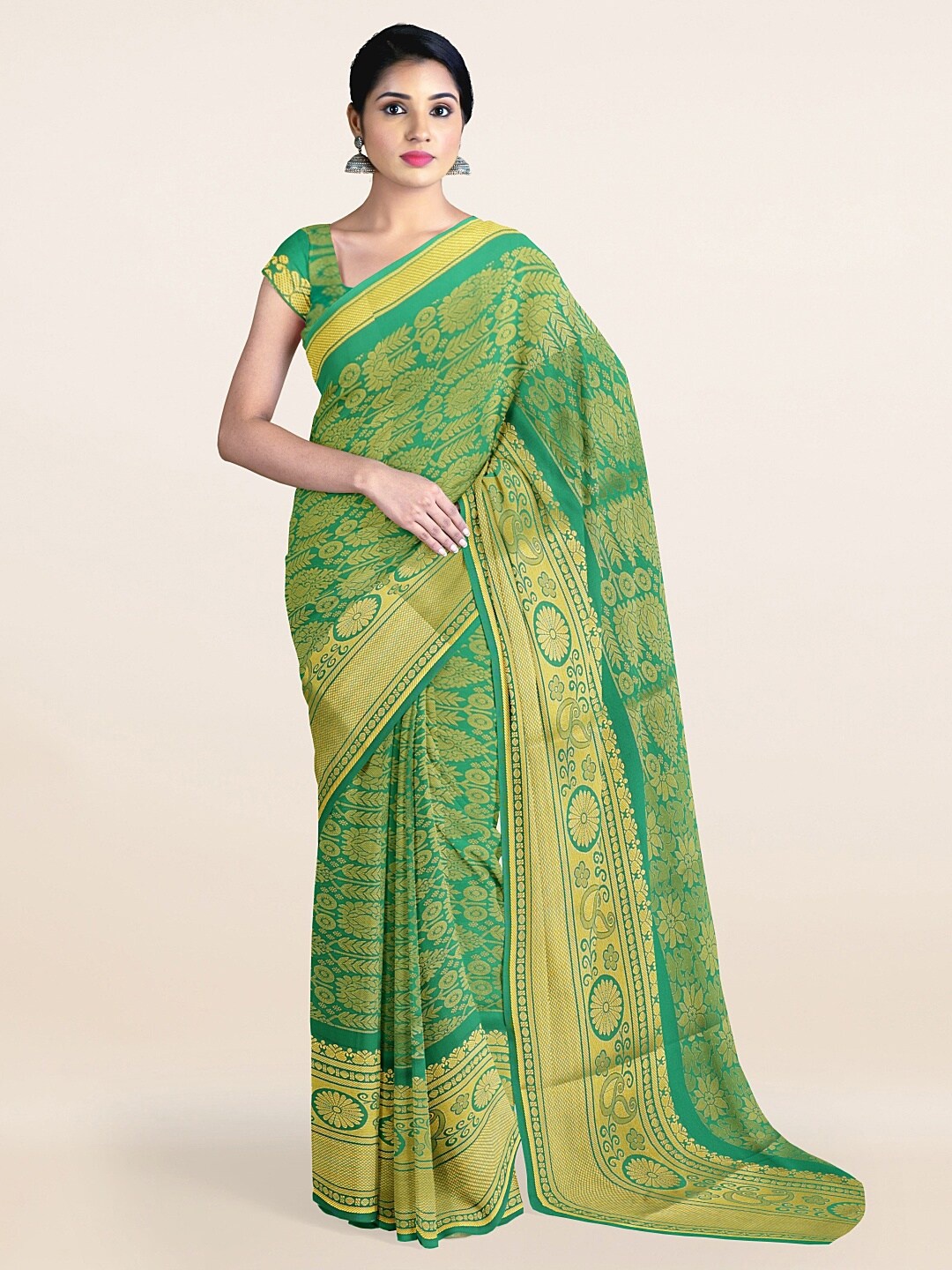 

Pothys Green & Gold-Toned Woven Design Art Silk Saree