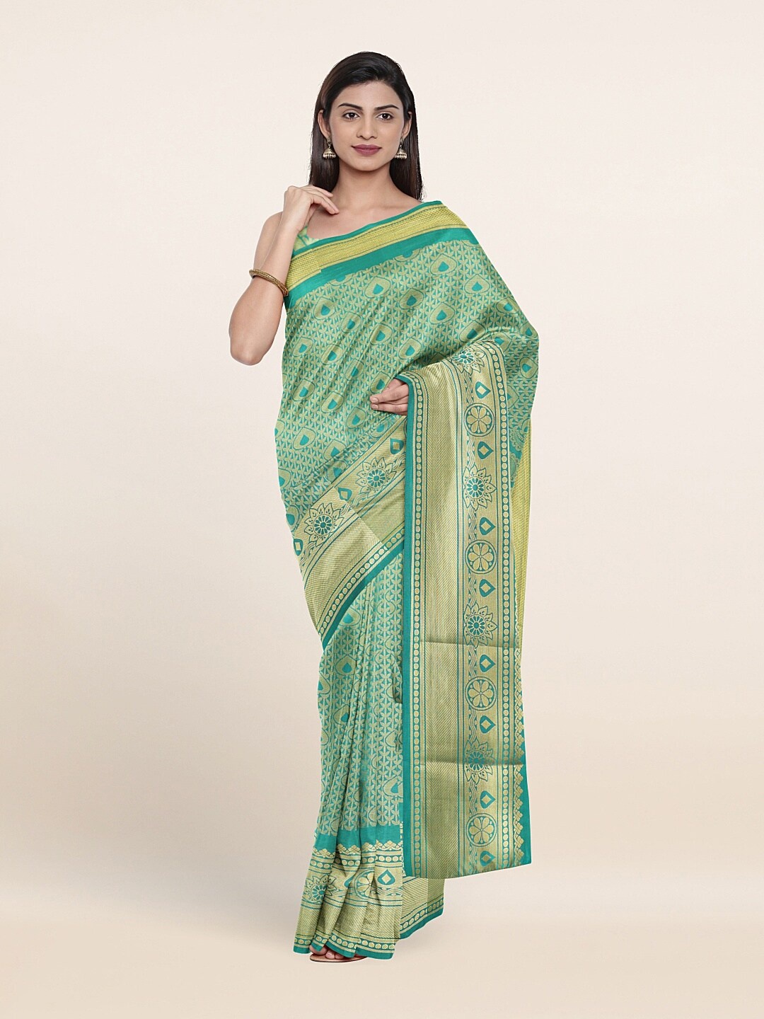 

Pothys Green & Gold-Toned Woven Design Art Silk Saree