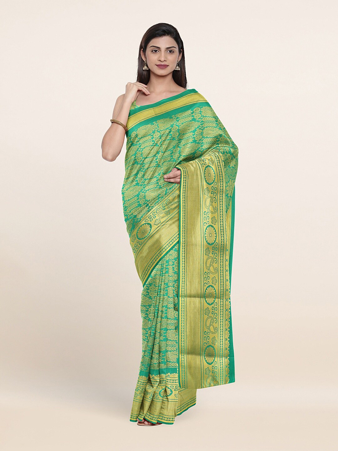 

Pothys Green & Gold-Toned Woven Design Art Silk Saree