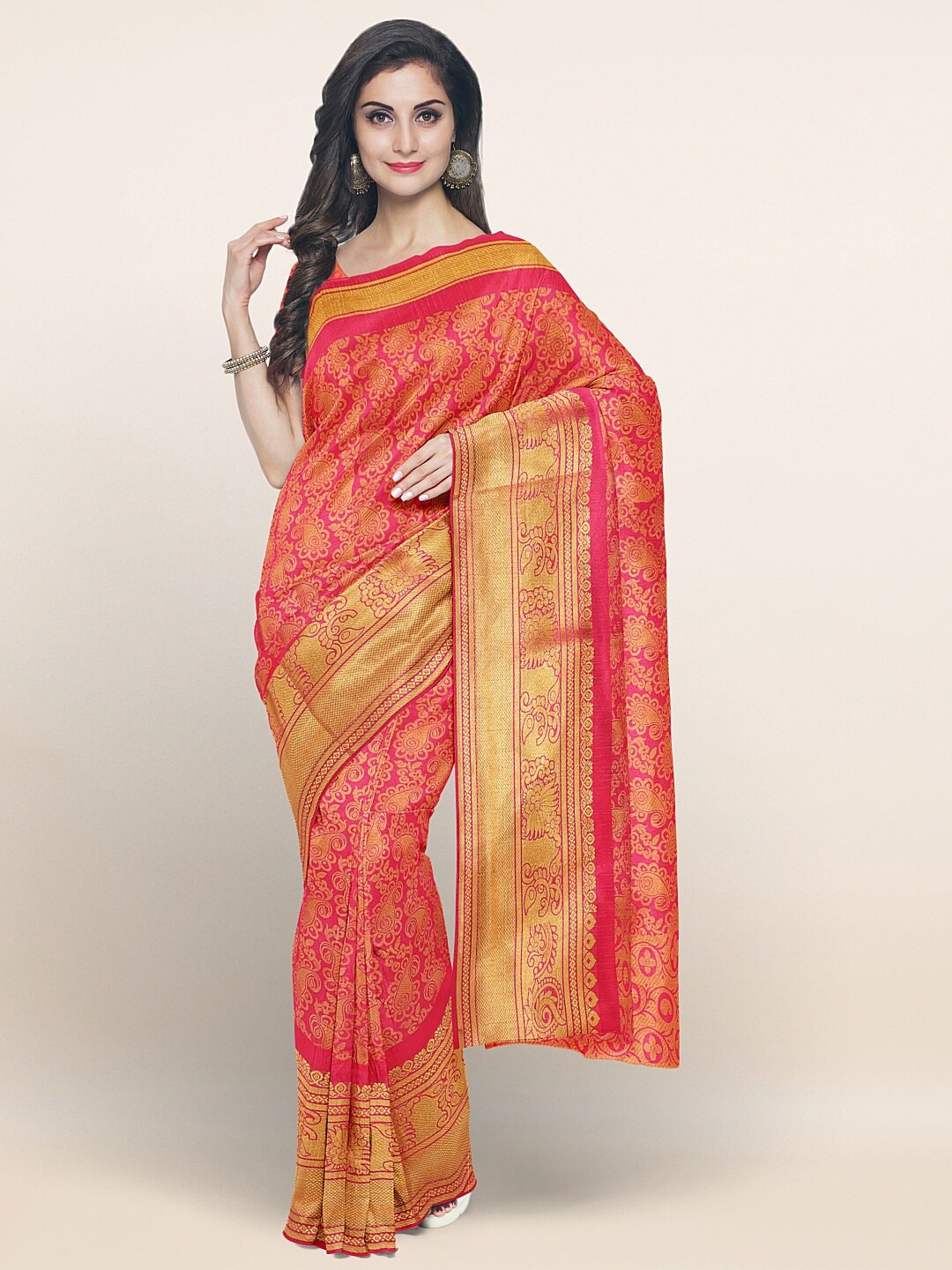 

Pothys Pink & Gold-Toned Woven Design Art Silk Saree