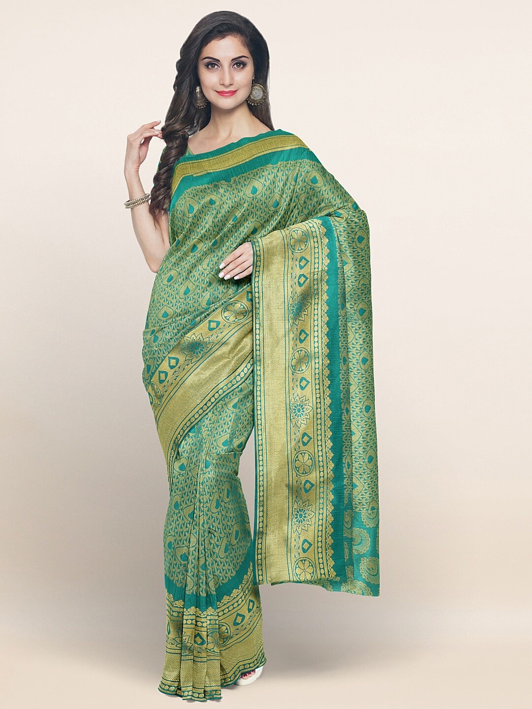 

Pothys Green & Gold-Toned Woven Design Art Silk Saree