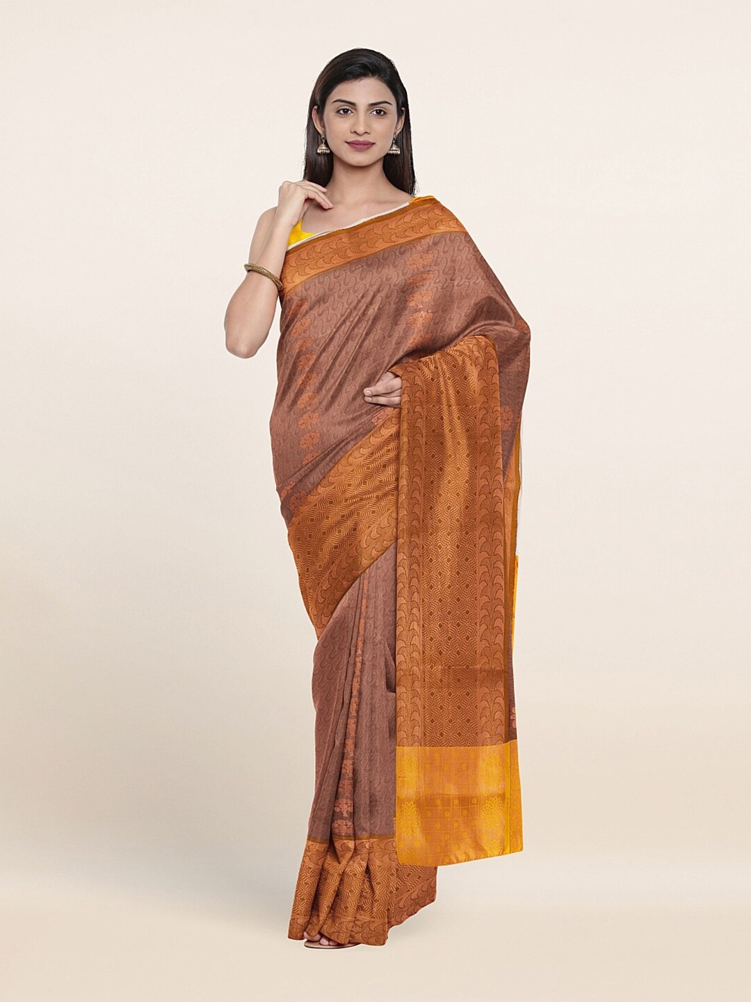 

Pothys Brown & Gold-Toned Ethnic Motifs Zari Art Silk Saree