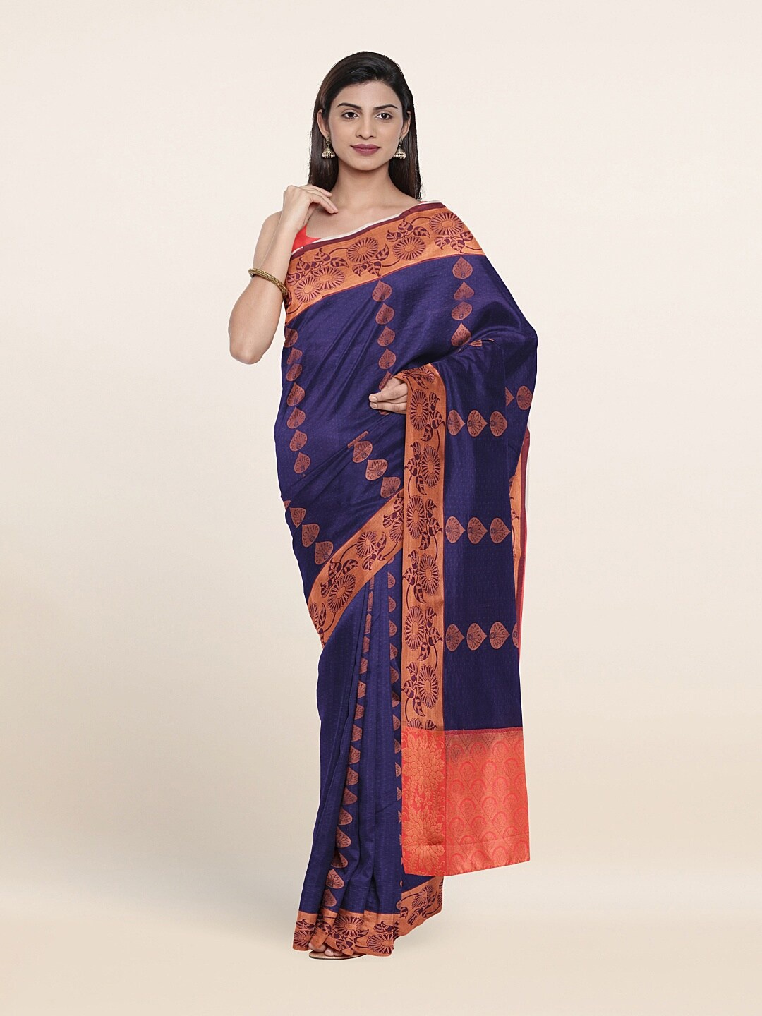 

Pothys Blue & Gold-Toned Ethnic Motifs Zari Art Silk Saree