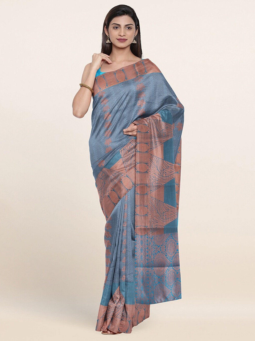 

Pothys Blue & Copper-Toned Woven Design Zari Art Silk Saree