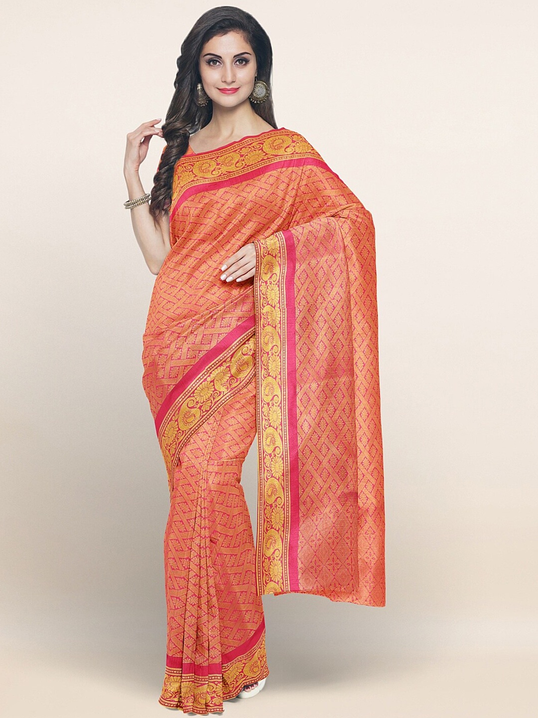 

Pothys Pink & Gold-Toned Woven Design Zari Art Silk Saree