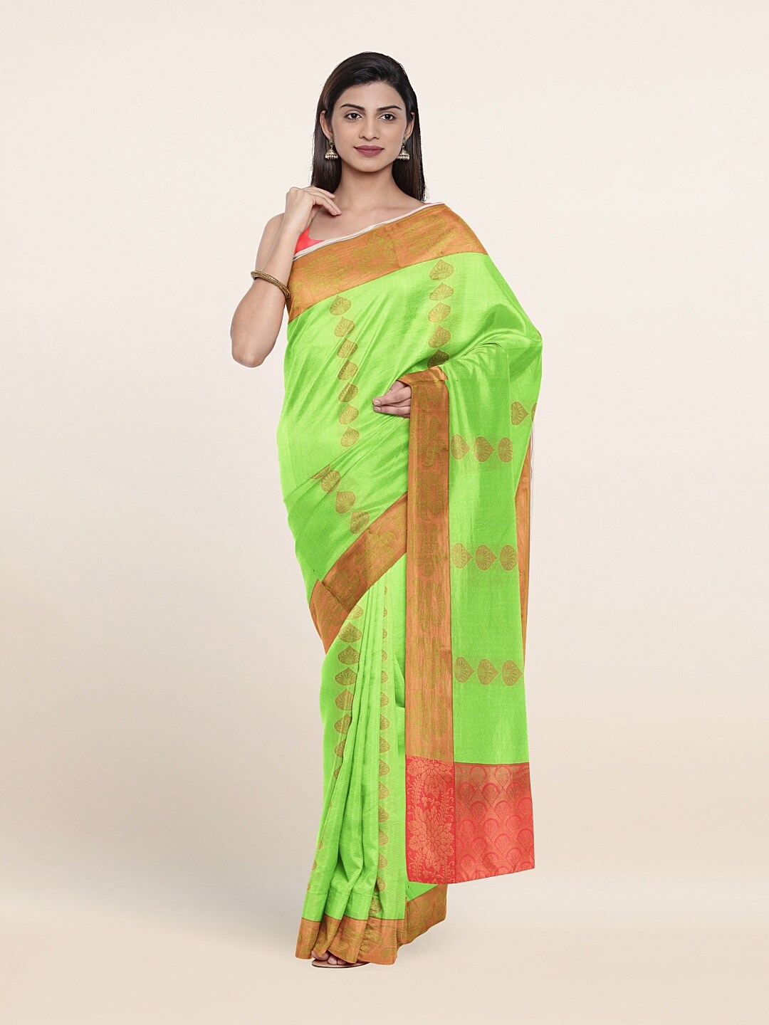 

Pothys Green & Gold-Toned Ethnic Motifs Zari Art Silk Saree