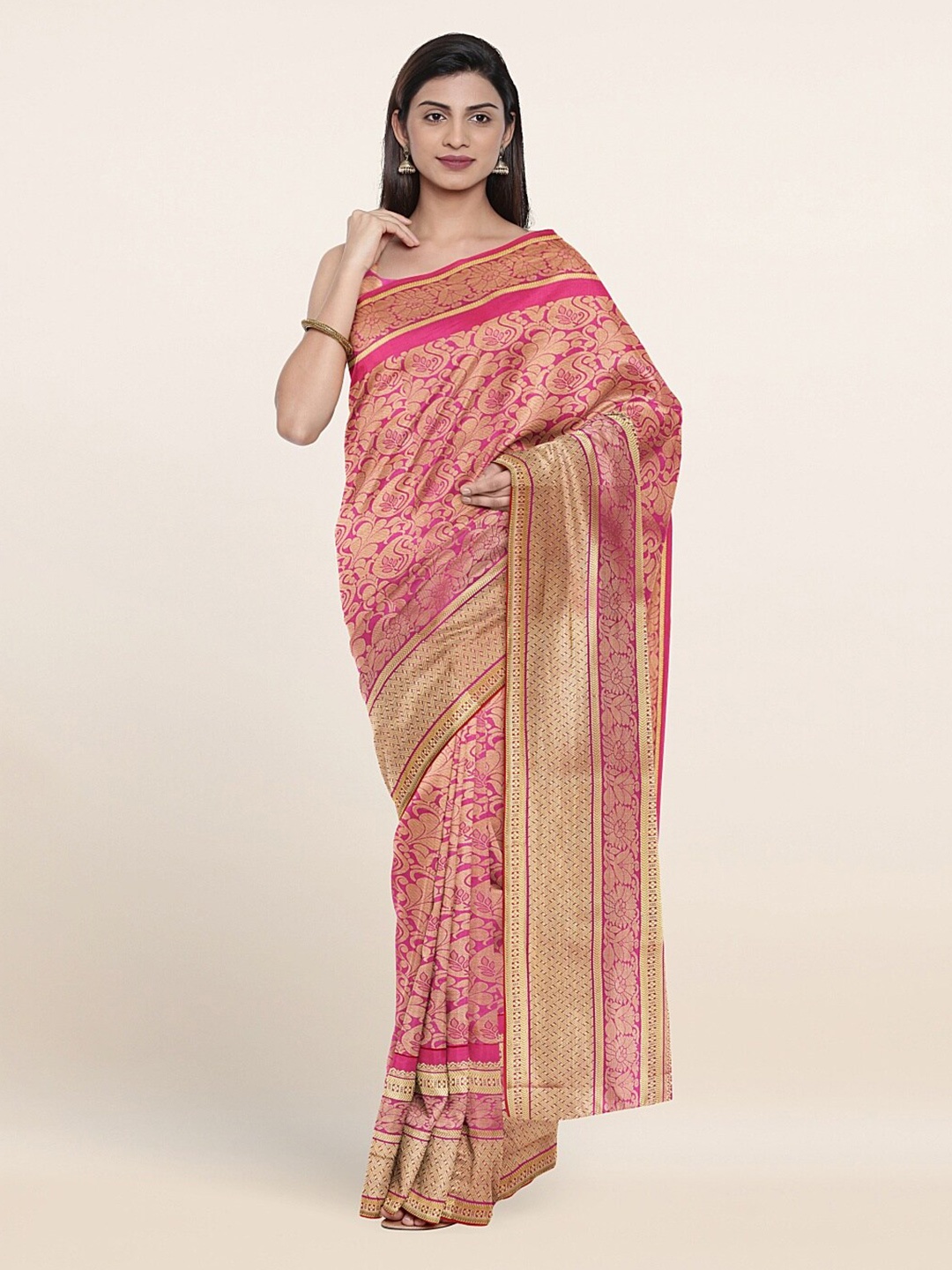 

Pothys Purple & Gold-Toned Ethnic Motifs Zari Art Silk Saree