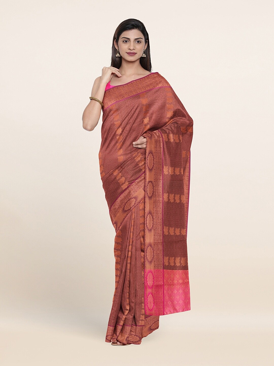 

Pothys Brown & Gold-Toned Ethnic Motifs Zari Art Silk Saree