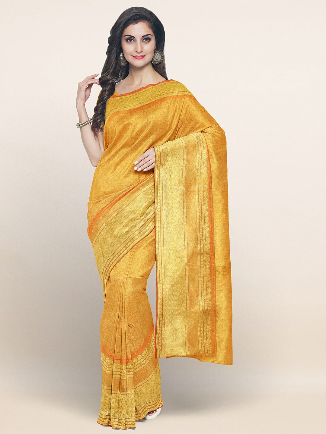 

Pothys Mustard & Gold-Toned Woven Design Zari Art Silk Saree