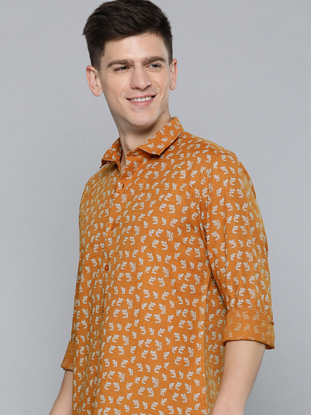 

Mast & Harbour Men Tropical Printed Cotton Linen Casual Shirt, Mustard