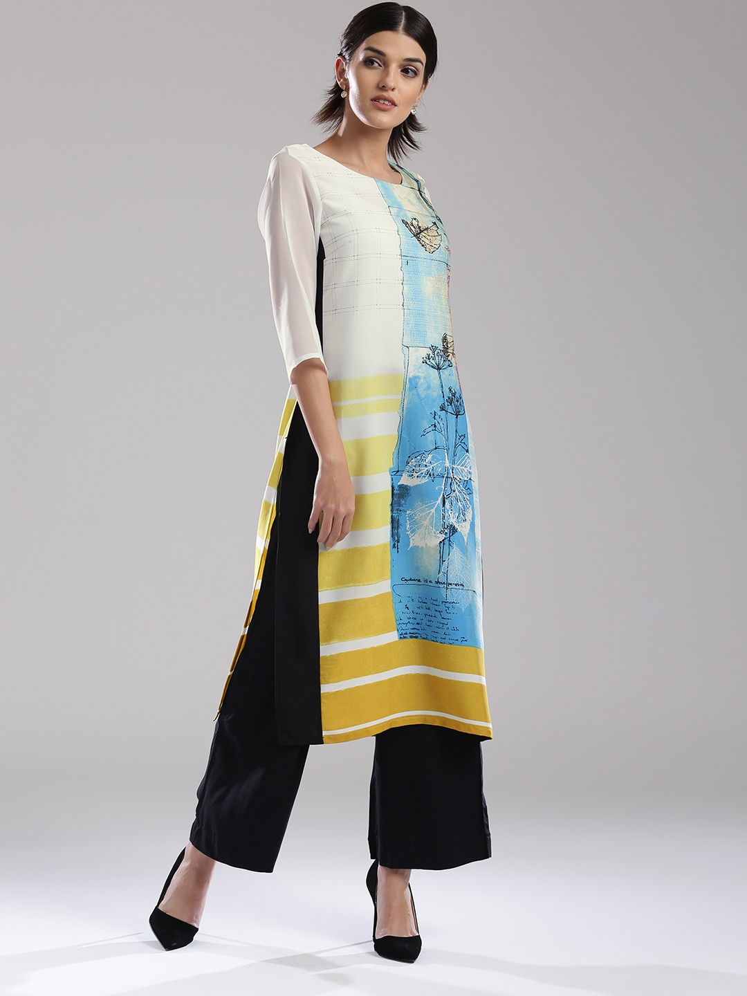 

W Women Off-White Striped Printed Straight Kurta