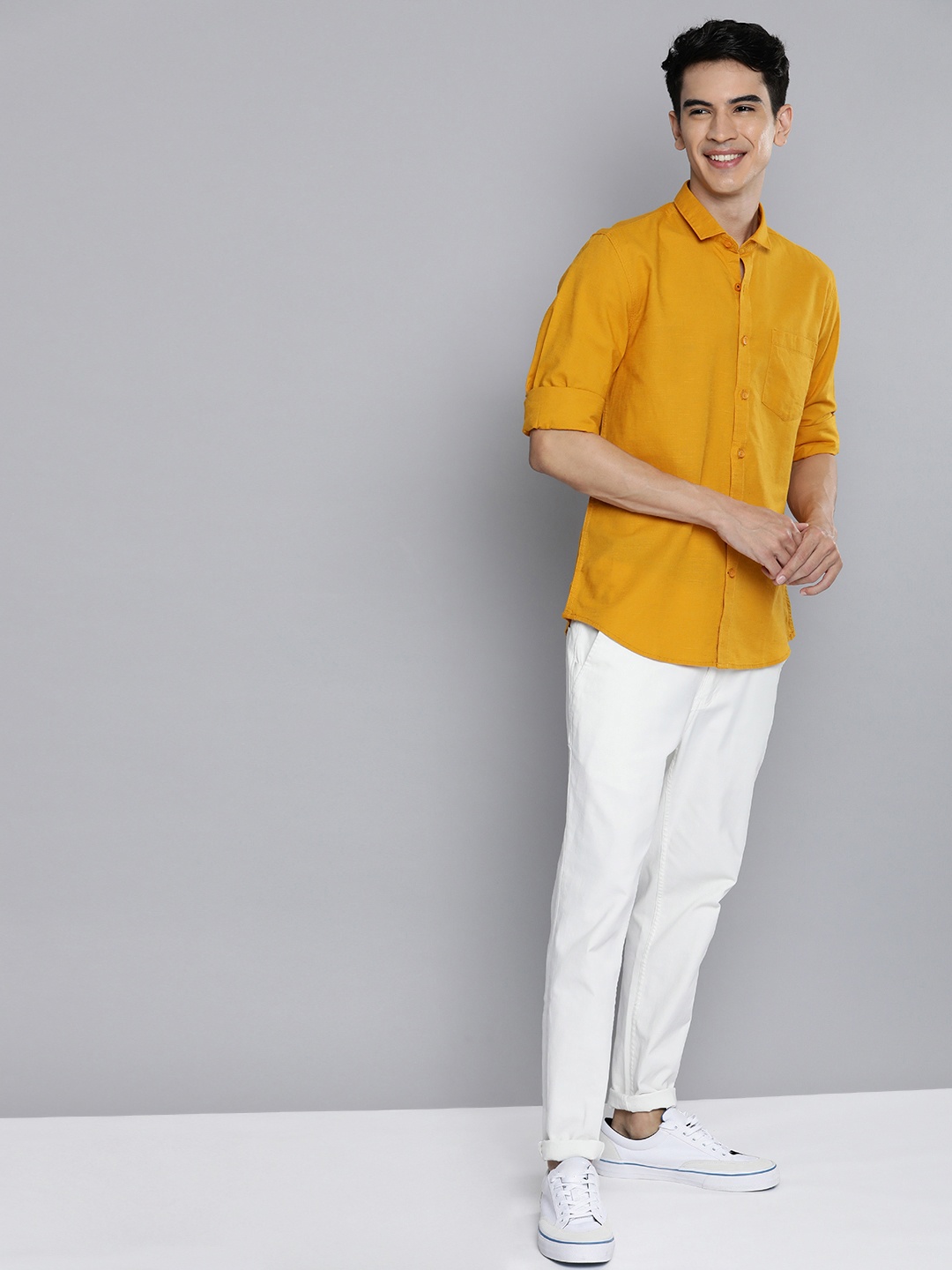 

Mast & Harbour Men Mustard Cotton Linen Casual Shirt