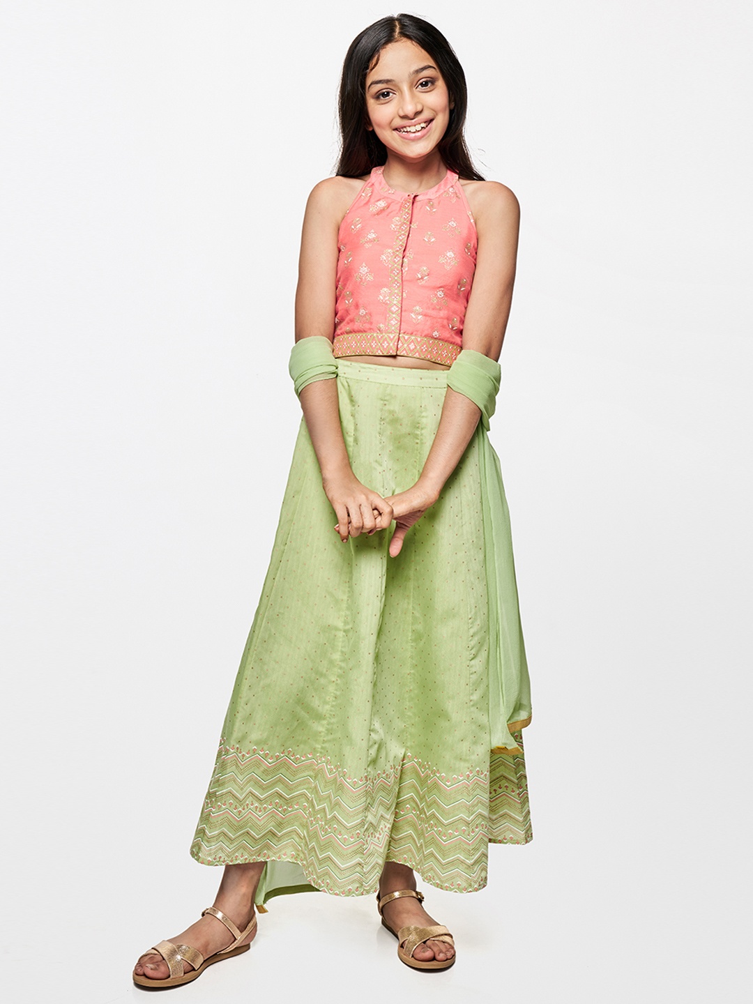 

Global Desi Girls Pink & Lime Green Printed Top with Skirt & Dupatta
