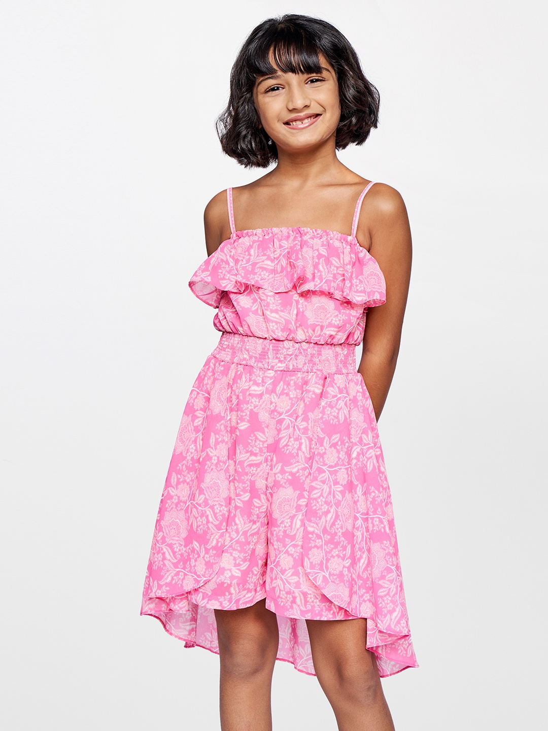 

Global Desi Girls Pink Printed with Ruffles Playsuit