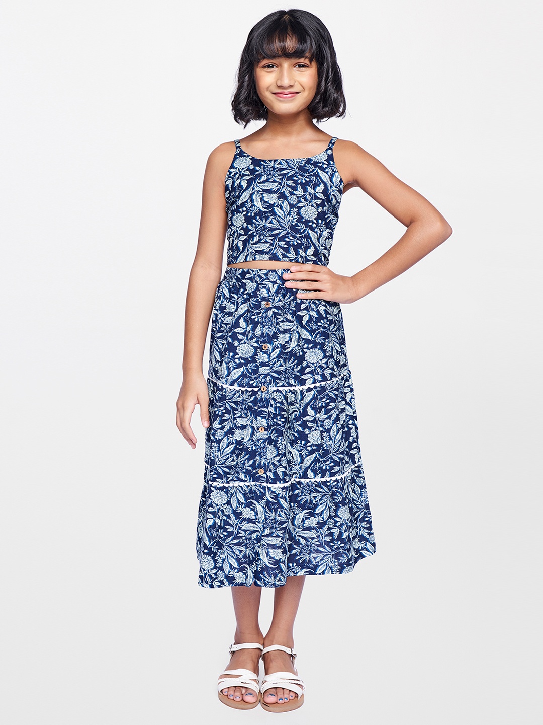 

Global Desi Girls Blue Printed Top with Skirt