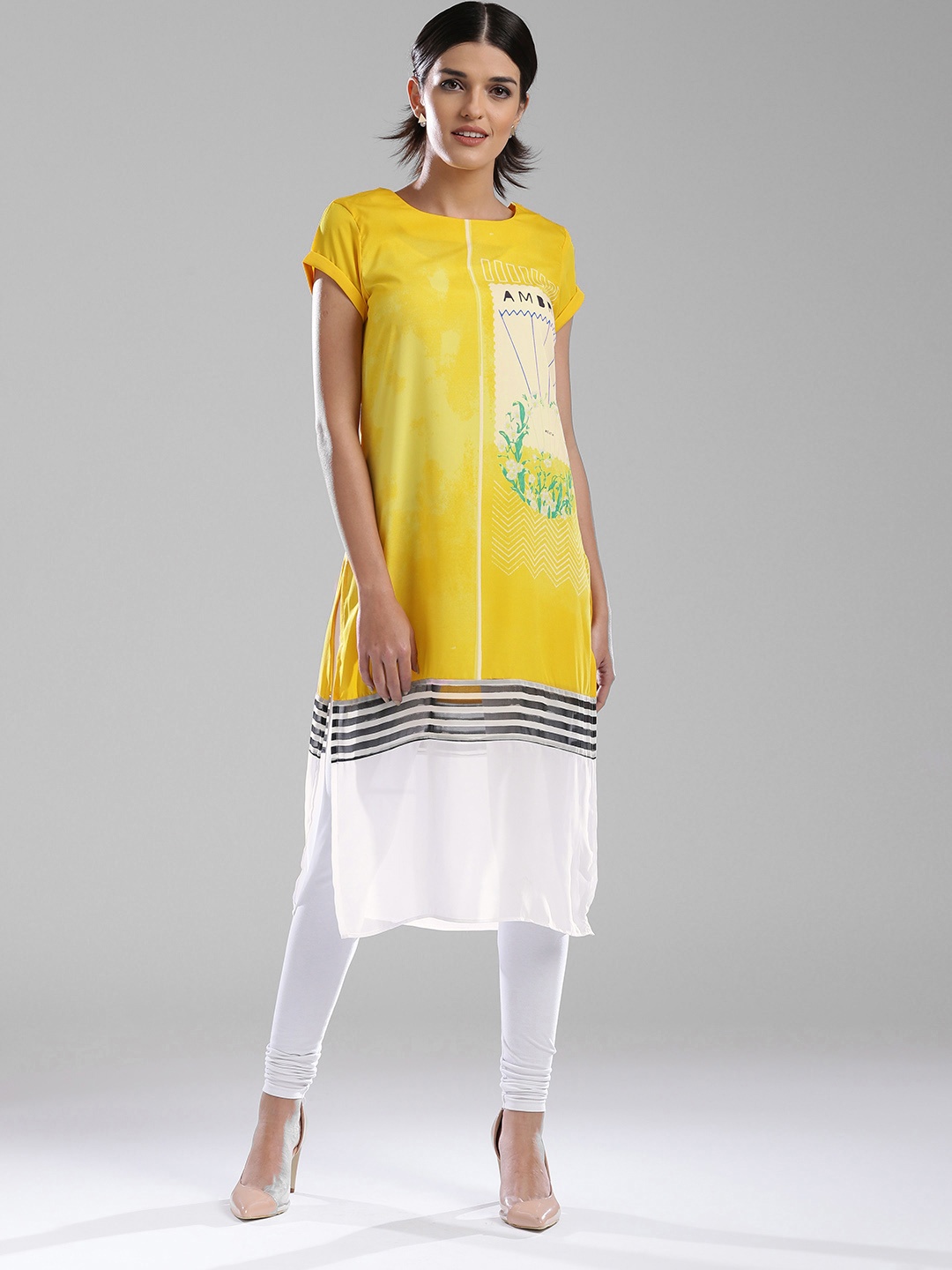 

W Women Yellow & White Printed Straight Kurta