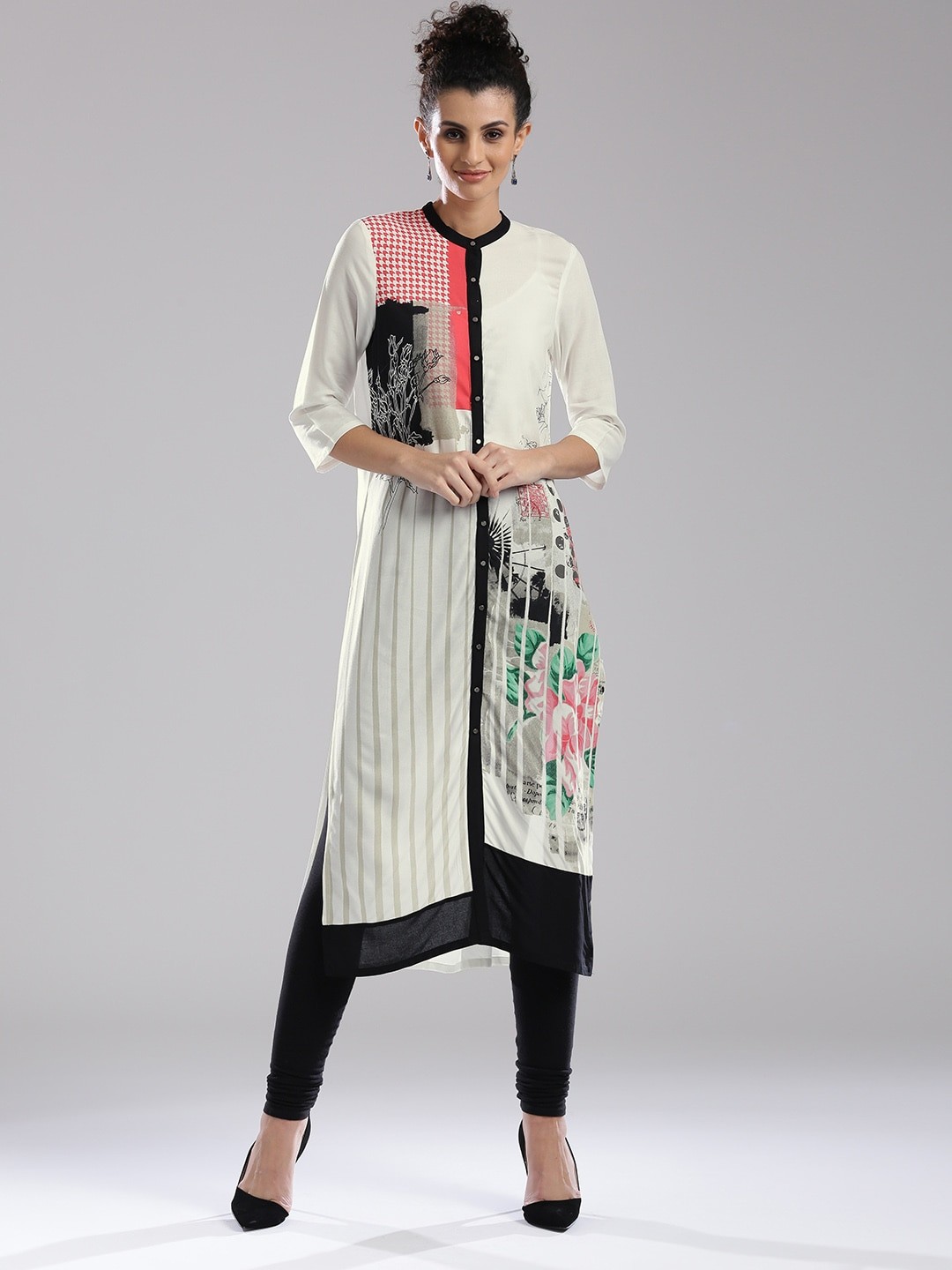 

W Women White Striped Printed Semi-Sheer Straight Sustainable Kurta