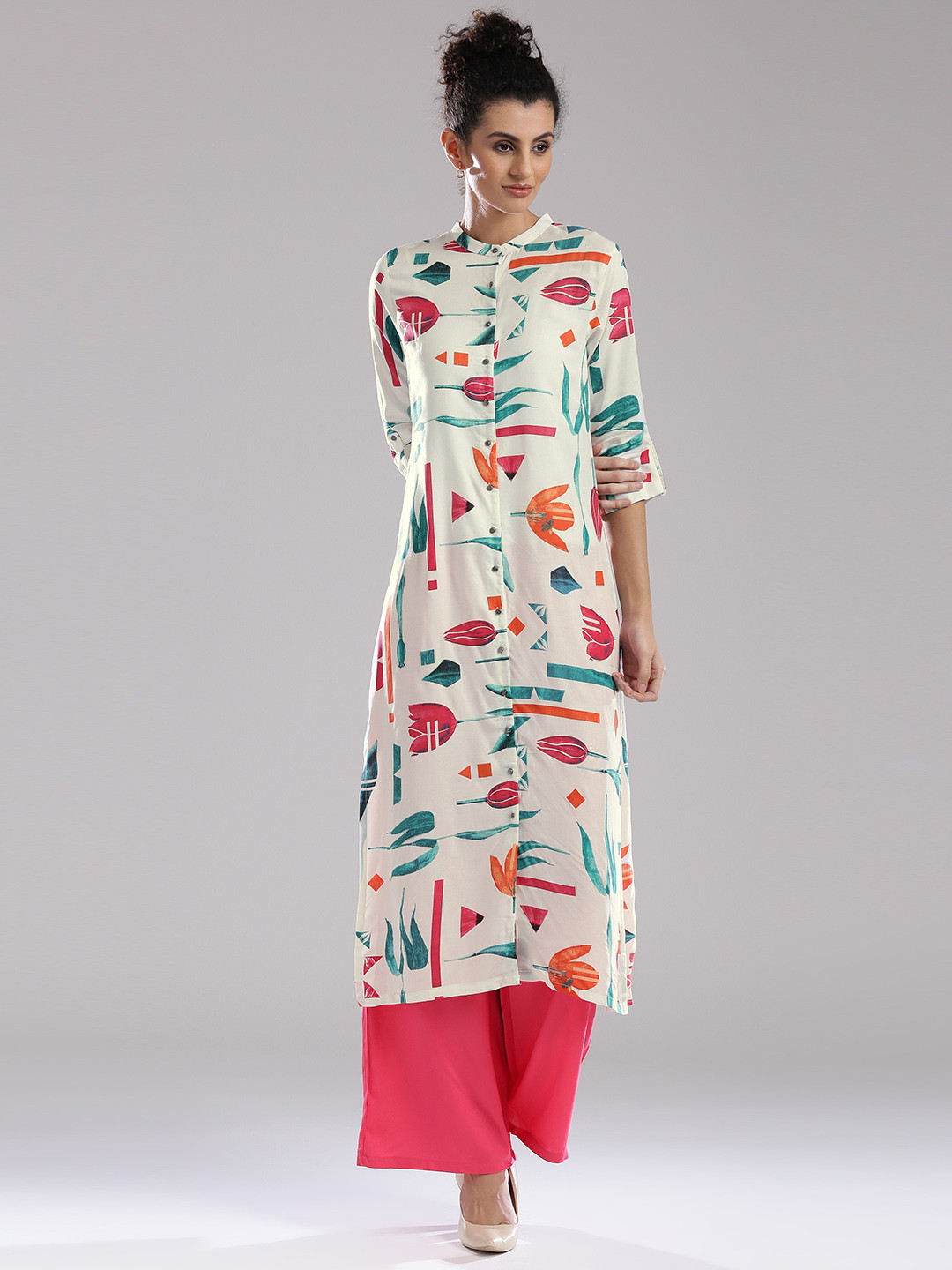 

W Women White & Teal Green Printed Straight Kurta